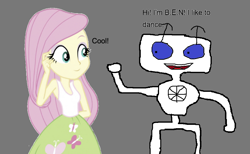 Size: 1039x639 | Tagged: safe, artist:sonicsuperstar1991, fluttershy, robot, equestria girls, g4, 1000 hours in ms paint, b.e.n, clothes, crossover, dancing, gray background, remake, simple background, watching
