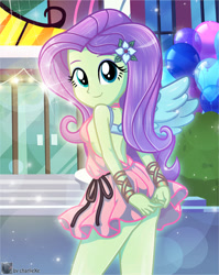 Size: 683x860 | Tagged: safe, artist:charliexe, fluttershy, equestria girls, g4, adorasexy, balloon, breasts, canterlot high, clothes, cute, dress, female, hands behind back, legs, looking at you, looking back, looking back at you, schrödinger's pantsu, sexy, shyabetes, sideboob, smiling, solo, steps, story included, upskirt denied, waistband, wings, wrist wraps