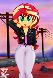 Size: 2500x3636 | Tagged: safe, artist:theretroart88, sunset shimmer, equestria girls, g4, arm behind head, clothes, desert, female, high res, jacket, leather jacket, lipstick, looking at you, pants, power line, road, solo