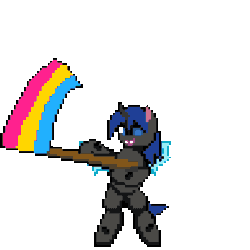 Size: 384x384 | Tagged: safe, artist:bitassembly, oc, oc only, oc:swift dawn, changeling, animated, bitassembly's flag ponies, blue changeling, blue eyes, changeling oc, commission, cute, cuteling, fangs, flag waving, holding a flag, pansexual pride flag, pixel art, pride, pride flag, simple background, solo, transparent background, ych result