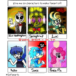 Size: 1080x1080 | Tagged: safe, artist:vassy.draws, pinkie pie, earth pony, hedgehog, pony, g4, animatronic, bone, bust, clothes, crossover, female, five nights at freddy's, frown, glowing eyes, jack skellington, kaito, loki, male, mare, marvel, scarf, six fanarts, skeleton, smiling, sonic movie 2020, sonic the hedgehog, sonic the hedgehog (series), springtrap, staff, the nightmare before christmas, vocaloid