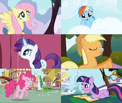 Size: 2732x2304 | Tagged: safe, edit, edited screencap, screencap, applejack, fluttershy, pinkie pie, rainbow dash, rarity, twilight sparkle, earth pony, pegasus, pony, unicorn, friendship is magic, g4, balancing, high res, mane six, ponies balancing stuff on their nose, recycle bin, unicorn twilight, wallpaper