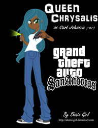 Size: 2553x3300 | Tagged: safe, artist:shinta-girl, part of a set, queen chrysalis, equestria girls, g4, aiming, ass, back, black background, blackletter, butt, carl johnson, cj, clothes, commission, cosplay, costume, crossover, dark skin, digital art, equestria girls-ified, eyeshadow, female, full body, grand theft auto, green eyes, gta san andreas, gun, high res, human coloration, jeans, left handed, lidded eyes, looking at you, looking back, looking back at you, machine gun, makeup, narrowed eyes, outfit, painting, pants, parody, pocket, pointing, reference, serious, serious face, shirt, shoes, signature, simple background, sleeveless, sleeveless shirt, slit pupils, sneakers, solo, spray, spray can, spray paint, standing, submachinegun, trigger discipline, video game, video game crossover, video game reference, weapon
