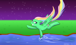 Size: 1000x592 | Tagged: safe, artist:empyu, fluttershy, rainbow dash, oc, oc:flutter rainbow, pegasus, pony, g4, 45 minute art challenge, flying, fusion, river, solo, water