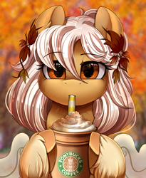 Size: 1443x1764 | Tagged: safe, artist:pridark, oc, oc only, oc:autumna, pegasus, pony, beautiful, bust, coffee, commission, drinking, female, looking at you, mare, portrait, pretty, scenery, solo, starbucks, straw, tree