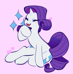 Size: 850x857 | Tagged: safe, artist:sleepy_gills, rarity, pony, unicorn, g4, blushing, both cutie marks, cute, cutie mark background, eyes closed, female, heart, mare, open mouth, pink background, raribetes, simple background, sitting, solo