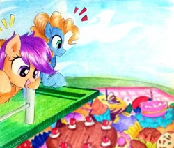 Size: 971x823 | Tagged: safe, artist:liaaqila, scootaloo, oc, oc:silly scribe, earth pony, pegasus, pony, g4, cake, cute, cutealoo, diving, diving board, food, happy, traditional art, worried