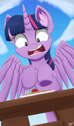 Size: 1164x1996 | Tagged: safe, artist:arcane-thunder, twilight sparkle, alicorn, insect, ladybug, pony, g4, interseason shorts, starlight the hypnotist, atg 2020, cheek fluff, chest fluff, cloud, coccinellidaephobia, ear fluff, fear, female, food, frog (hoof), mare, newbie artist training grounds, open mouth, quesadilla, rearing, sky, solo, spread wings, standing, teeth, they're just so cheesy, turophobia, twilight hates ladybugs, twilight sparkle (alicorn), underhoof, wings