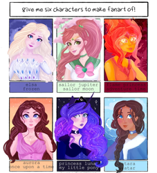 Size: 1000x1101 | Tagged: safe, artist:lyrinarine, princess luna, human, g4, adventure time, avatar the last airbender, braid, bust, choker, clothes, constellation, crossover, elsa, ethereal mane, female, flame princess, frozen (movie), galaxy mane, horn, horned humanization, humanized, jewelry, katana, lipstick, makeup, male, once upon a time, princess aurora, sailor jupiter, sailor moon (series), six fanarts, smiling, sword, tiara, weapon