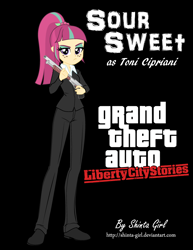 Size: 2552x3300 | Tagged: safe, artist:shinta-girl, part of a set, sour sweet, equestria girls, g4, black background, clothes, coat, commission, cosplay, costume, crossover, digital art, eyeshadow, female, freckles, full body, gangster, grand theft auto, gta liberty city stories, gun, high res, human coloration, italian, left handed, lidded eyes, looking at you, mafia, makeup, narrowed eyes, outfit, pants, parody, ponytail, purple eyes, reference, serious, serious face, shirt, shoes, shotgun, signature, simple background, solo, standing, suit, toni cipriani, trigger discipline, video game, video game crossover, video game reference, weapon