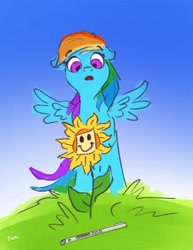 Size: 1600x2071 | Tagged: safe, artist:thefloatingtree, rainbow dash, pegasus, pony, do princesses dream of magic sheep, g4, atg 2020, fear, female, floppy ears, flower, flute, jazz flute, mare, musical instrument, newbie artist training grounds, nightmare sunflower, smiling, solo, sticky note, sunflower