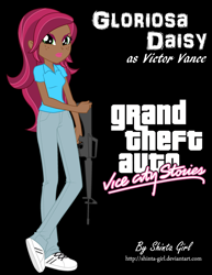 Size: 2552x3300 | Tagged: safe, artist:shinta-girl, part of a set, gloriosa daisy, equestria girls, g4, assault rifle, black background, clothes, commission, cosplay, costume, crossed legs, crossover, dark skin, digital art, female, freckles, full body, grand theft auto, green eyes, gta vice city stories, gun, high res, human coloration, jeans, left handed, lights, lipstick, looking at you, m16, makeup, neon, neon sign, outfit, pants, parody, reference, rifle, serious, serious face, shirt, shoes, signature, simple background, sneakers, solo, standing, trigger discipline, victor vance, video game, video game crossover, video game reference, weapon