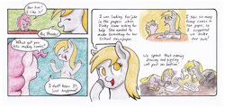 Size: 990x473 | Tagged: safe, artist:lost marbles, derpy hooves, dinky hooves, pinkie pie, earth pony, pegasus, pony, unicorn, comic:derpy - stripper extraordinaire, g4, candle, comic, comic strip, dialogue, drawing, female, filly, mare, mouth hold, no pupils, prone, shrug, traditional art