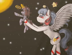 Size: 1080x821 | Tagged: safe, artist:anaellexe, oc, oc only, pegasus, pony, unicorn, :o, baby, baby pony, female, glowing horn, holding a pony, horn, magic, mare, open mouth, pegasus oc, pencil, raised hoof, space, stars, stitches, telekinesis, traditional art, unicorn oc, wings