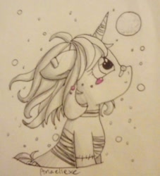 Size: 1008x1110 | Tagged: safe, artist:anaellexe, oc, oc only, pony, unicorn, bandaid, bandaid on nose, bubble, bust, female, horn, looking up, mare, solo, stitches, traditional art, unicorn oc