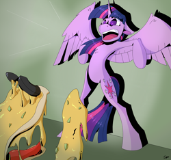 Size: 1831x1717 | Tagged: safe, artist:tigerett, twilight sparkle, alicorn, pony, g4, atg 2020, bipedal, cheese, food, food monster, monster, newbie artist training grounds, open mouth, panic, quesadilla, quesadilla monster, scared, they're just so cheesy, turophobia, twilight sparkle (alicorn)