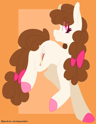 Size: 1280x1659 | Tagged: safe, artist:jackie-sheepwitch, oc, oc only, earth pony, pony, abstract background, bow, colored hooves, earth pony oc, eye clipping through hair, hair bow, next generation, offspring, parent:cheese sandwich, parent:pinkie pie, parents:cheesepie, solo, tail bow