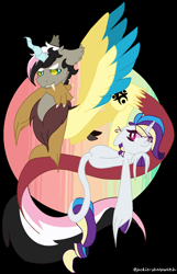 Size: 976x1512 | Tagged: safe, artist:jackie-sheepwitch, oc, oc only, oc:disarray, oc:scarlet aurora, draconequus, hybrid, pony, unicorn, abstract background, draconequus oc, duo, female, hoof polish, horn, interspecies offspring, magical lesbian spawn, mare, next generation, offspring, parent:discord, parent:fluttershy, parent:rainbow dash, parent:rarity, parents:discoshy, parents:raridash, unicorn oc