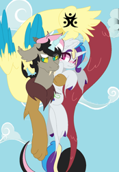 Size: 920x1324 | Tagged: safe, artist:jackie-sheepwitch, oc, oc only, oc:disarray, oc:scarlet aurora, draconequus, hybrid, pony, unicorn, blushing, chest fluff, draconequus oc, duo, female, flying, holding a pony, hoof polish, horn, interspecies offspring, magical lesbian spawn, mare, next generation, offspring, parent:discord, parent:fluttershy, parent:rainbow dash, parent:rarity, parents:discoshy, parents:raridash, unicorn oc