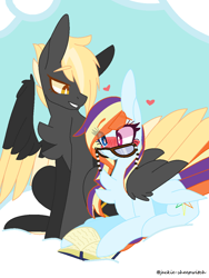 Size: 960x1280 | Tagged: safe, artist:jackie-sheepwitch, oc, oc only, oc:feather fall, oc:rainbow nova, pegasus, pony, blushing, book, chest fluff, cloud, female, glasses, heterochromia, hug, magical gay spawn, magical lesbian spawn, male, mare, next generation, oc x oc, offspring, on a cloud, parent:rainbow dash, parent:rarity, parent:thunderlane, parent:zephyr breeze, parents:raridash, pegasus oc, prone, reading, shipping, stallion, straight, wide eyes, winghug, wings
