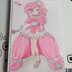 Size: 1080x1080 | Tagged: safe, artist:eli.moon.378, pinkie pie, human, g4, candy, choker, clothes, dress, female, food, hat, high heels, humanized, lollipop, magical girl, open mouth, shoes, solo, traditional art