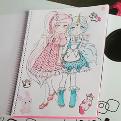 Size: 1080x1080 | Tagged: safe, artist:eli.moon.378, oc, oc only, human, rabbit, unicorn, animal, clothes, dress, eared humanization, female, horn, horned humanization, humanized, shoes, traditional art, winged humanization, wings
