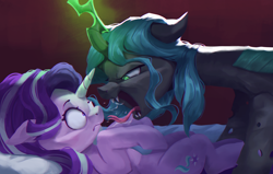 Size: 4000x2550 | Tagged: safe, artist:vanillaghosties, queen chrysalis, starlight glimmer, changeling, changeling queen, pony, unicorn, g4, atg 2020, bed, do not want, fangs, high res, hissing, lying on bed, newbie artist training grounds, on bed, open mouth, starlight vs chrysalis, tongue out