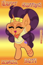 Size: 2000x3000 | Tagged: safe, artist:snakeythingy, saffron masala, g4, best pony, birthday, gradient background, happy, high res, story included