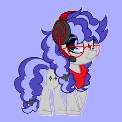 Size: 2200x2200 | Tagged: safe, alternate version, artist:missbramblemele, oc, oc only, oc:cinnabyte, earth pony, pony, blue background, female, glasses, headphones, high res, mare, pigtails, simple background, solo