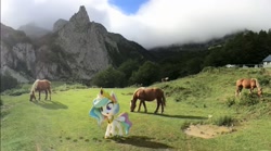 Size: 1229x684 | Tagged: safe, screencap, princess celestia, alicorn, horse, pony, book filled adventure, g4, g4.5, my little pony: stop motion short, car, house, irl, irl horse, live action, mountain, one of these things is not like the others, pasture, photo, stop motion
