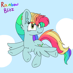 Size: 1378x1378 | Tagged: safe, artist:circuspaparazzi5678, oc, oc only, oc:rainbow blitz, pegasus, pony, cloud, ear piercing, earring, female, flying, jewelry, magical lesbian spawn, multicolored hair, next generation, offspring, parent:fluttershy, parent:rainbow dash, parents:flutterdash, piercing, rainbow hair, rainbow makeup, solo