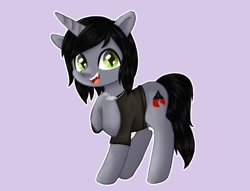 Size: 2008x1535 | Tagged: safe, artist:ebiruchan, pony, unicorn, clothes, commission, disguise, disguised siren, fangs, horn, jewelry, kellin quinn, looking at you, male, necklace, open mouth, ponified, purple background, raised hoof, shirt, simple background, sleeping with sirens, slit pupils, solo, stallion, t-shirt, ych result