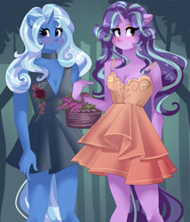 Size: 2094x2445 | Tagged: safe, artist:xjenn9, starlight glimmer, trixie, unicorn, anthro, g4, basket, blushing, breasts, choker, cleavage, clothes, dress, flower, flower basket, high res, lidded eyes, rose, smiling