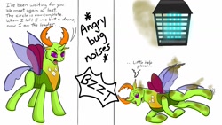 Size: 1280x720 | Tagged: safe, artist:termyotter, thorax, changedling, changeling, g4, behaving like a moth, bug zapper, bugs doing bug things, burnt, descriptive noise, fail, king thorax, lamp, male, solo, star wars, this ended in pain