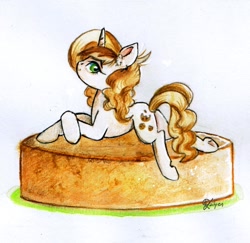 Size: 1024x997 | Tagged: safe, artist:lailyren, sweet biscuit, pony, unicorn, g4, crossed legs, female, looking back, mare, smiling, solo, sponge cake, traditional art, underhoof