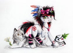 Size: 1024x741 | Tagged: safe, artist:lailyren, oc, oc only, oc:bloody herb, pony, unicorn, wolf, bow, feather in hair, female, flower, leg warmers, mare, solo, traditional art