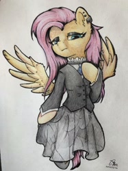 Size: 1600x2134 | Tagged: safe, artist:b_m, fluttershy, pegasus, semi-anthro, g4, arm hooves, clothes, female, fluttergoth, goth, solo, traditional art, wings