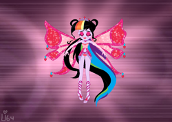 Size: 1138x806 | Tagged: safe, artist:cookiechans2, artist:lumi-infinite64, oc, oc only, oc:rainbow heart, fairy, human, equestria girls, g4, bare shoulders, barefoot, barely eqg related, base used, clothes, crown, enchantix, fairy wings, fairyized, feet, gloves, jewelry, pink wings, regalia, solo, sparkly wings, strapless, wings, winx, winx club, winxified
