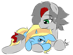 Size: 2000x1500 | Tagged: safe, artist:move, oc, oc:move, oc:skydreams, pony, unicorn, blue eyes, blushing, colored, crayon drawing, cuddling, cute, duo, female, flat colors, green eyes, male, size difference, snuggling, traditional art