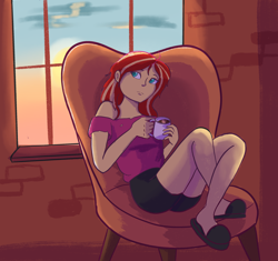 Size: 2712x2550 | Tagged: dead source, safe, artist:pettypop, sunset shimmer, equestria girls, g4, chair, clothes, cloud, coffee mug, evening, female, high res, mug, slippers, solo