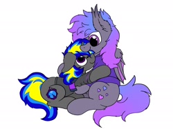 Size: 2048x1529 | Tagged: safe, artist:aaathebap, oc, oc only, oc:grey, oc:rapid shadow, bat pony, pony, unicorn, clothes, couple, cuddling, ear fluff, freckles, gay, holding a pony, hoodie, hug, looking at each other, male, nom, rapid x grey, scarf, shipping, wings