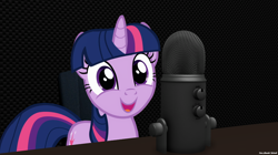 Size: 2560x1438 | Tagged: safe, artist:faze-alan-mskull2019, twilight sparkle, pony, unicorn, g4, asmr, cute, female, irl, looking at you, mare, microphone, photo, ponies in real life, smiling, solo, talking, twiabetes, unicorn twilight