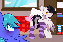 Size: 3000x2000 | Tagged: safe, artist:etoz, oc, oc only, oc:aury, oc:congy, pegasus, pony, blushing, clothes, commission, female, happy, high res, male, mare, pegasus oc, smiling, socks, stallion, striped socks, wings, ych result