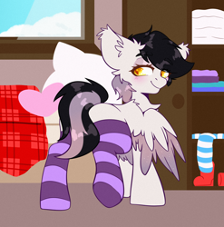 Size: 1974x2000 | Tagged: safe, alternate version, artist:etoz, oc, oc only, oc:aury, pegasus, pony, blushing, clothes, commission, female, happy, mare, pegasus oc, smiling, socks, solo, striped socks, wings, ych result