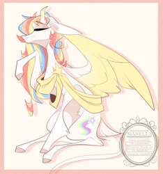 Size: 1430x1527 | Tagged: safe, artist:manella-art, oc, oc only, oc:rainbow dreams, pegasus, pony, eyes closed, female, horn, leonine tail, mare, multicolored hair, rainbow hair, raised hoof, ribbon, sitting, slender, solo, thin, two toned wings, watermark, wings