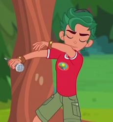 Size: 500x541 | Tagged: safe, screencap, timber spruce, equestria girls, g4, my little pony equestria girls: legend of everfree, camp everfree logo, camp everfree outfits, clothes, cropped, dab, eyes closed, male, microphone, shorts