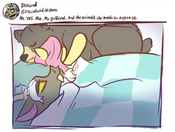 Size: 1600x1200 | Tagged: safe, artist:oofycolorful, discord, fluttershy, harry, bear, draconequus, pegasus, pony, g4, ah yes me my girlfriend and her x, animal, bed, female, husband and wife, male, mare, meme, meta, ship:discoshy, shipping, sleeping, straight, that pony sure does love animals, twitter, unamused