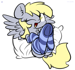 Size: 3017x2822 | Tagged: dead source, safe, artist:php142, derpy hooves, pegasus, pony, g4, butt, chest fluff, clothes, cute, derpabetes, ear fluff, female, high res, mare, one eye closed, open mouth, pillow, plot, simple background, sitting, socks, solo, striped socks, white background, wink