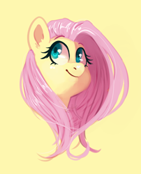 Size: 998x1235 | Tagged: safe, artist:goshhhh, fluttershy, pony, g4, bust, cute, female, looking away, looking up, mare, portrait, shyabetes, simple background, smiling, solo, three quarter view, yellow background