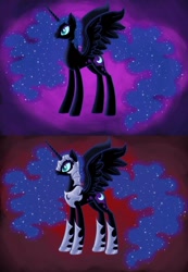 Size: 564x815 | Tagged: artist needed, safe, nightmare moon, alicorn, pony, journey of the spark, g4, antagonist, armor, comparison, concept art, ethereal mane, ethereal tail, female, helmet, hoof shoes, mare, missing accessory, no armor, peytral, red background, redesign, simple background, slit pupils, starry mane, wings